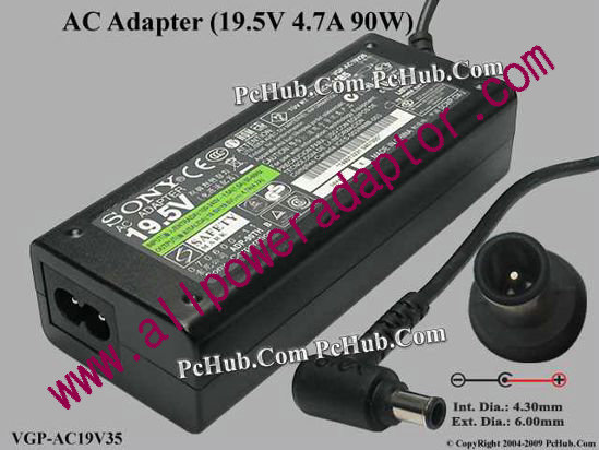 Sony Vaio Parts AC Adapter 19.5V 4.7A, 6.0/4.3mm With Pin, 2-Prong
