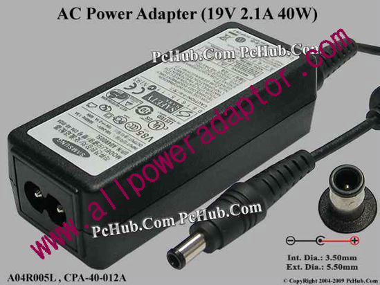 Samsung Laptop N220 AC Adapter 19V 2.1A, 5.5/3.0mm With Pin, 2-Prong