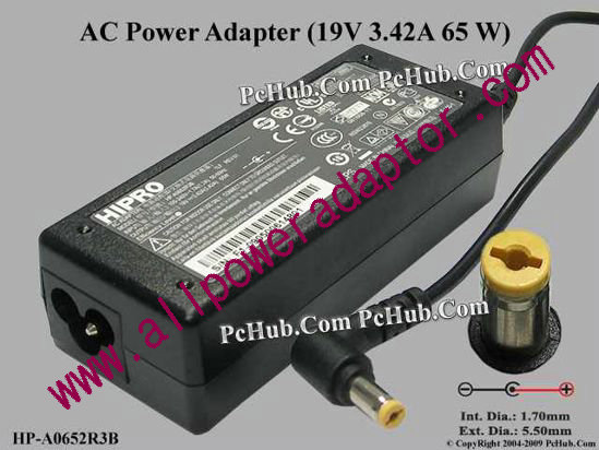 HIPRO HP-A0652R3B AC Adapter- Laptop 19V 3.42A 65W, Barrel 5.5/1.7mm, 3-Prong, New