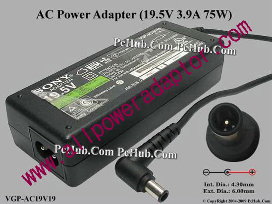 Sony Vaio Parts AC Adapter VGP-AC19V19, 19.5V 3.9A, Tip-E, 2-prong