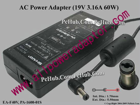 Sharp AC Adapter 19V 3.16A, 5.5/1.7mm, 2-Prong