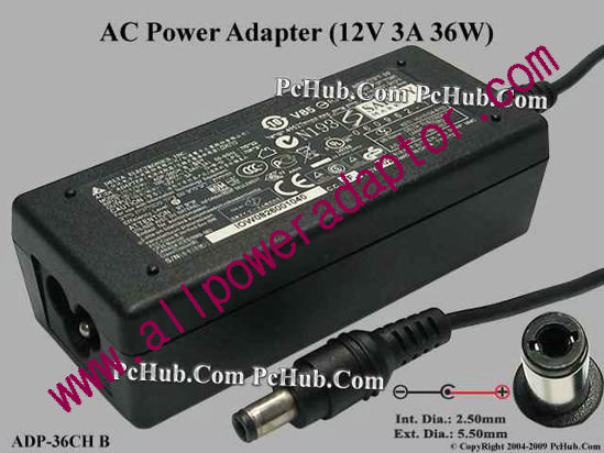 Delta Electronics ADP-36CH B AC Adapter- Laptop 12V 3A, 5.5/2.5mm, 3-Prong