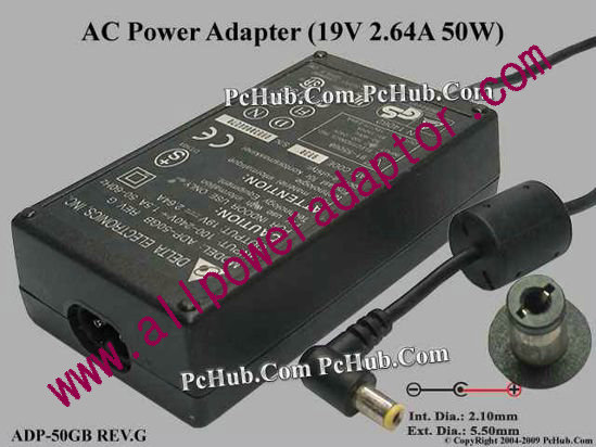 Delta Electronics ADP-50GB REV.G AC Adapter- Laptop 19V 2.64A, 5.5/2.1mm, 2-Prong