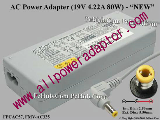 Fujitsu Common Item (Fujitsu / Fujitsu Siemens) AC Adapter- Laptop 19V 4.22A, 5,5/2.5mm, 2-Prong, White, New