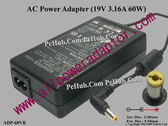 Delta Electronics ADP-60VB AC Adapter- Laptop 19V 3.16A, 5.5/1.7mm, 2-Prong