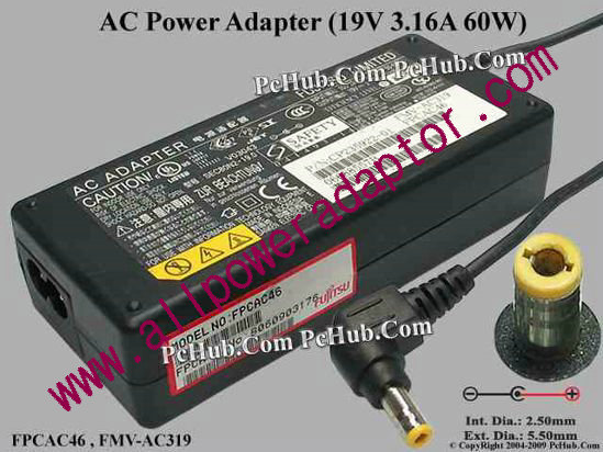 Fujitsu Common Item (Fujitsu / Fujitsu Siemens) AC Adapter- Laptop 19V 3.16A, 5.5/2.5mm 12mm L, 2-Prong - Click Image to Close