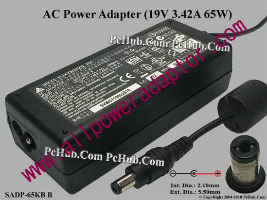 Delta Electronics SADP-65KB AC Adapter- Laptop 19V 3.42A, 5.5/2.1mm, 3-Prong