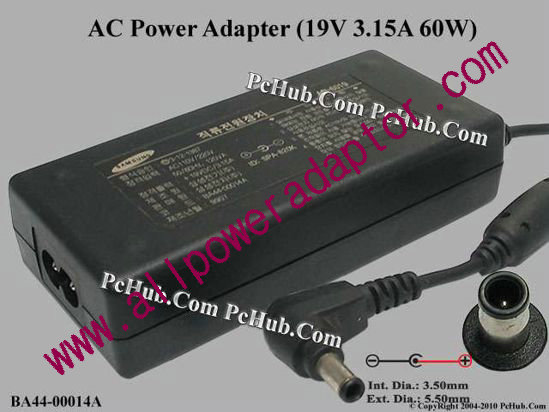 Samsung Laptop AC Adapter AD-6019, BA44-00014A, 19V 3.16A Tip-I, 2-prong