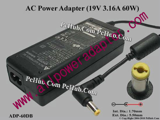 Delta Electronics ADP-60DB AC Adapter- Laptop 19V 3.16A, 5.5/1.7mm 2-Prong