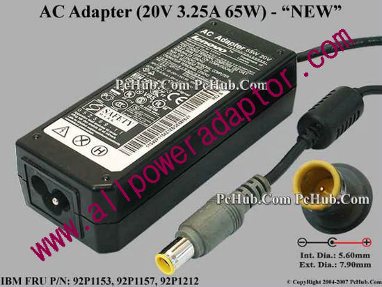 IBM Thinkpad Series AC Adapter- Laptop 20V 3.25A 7.9/5.5mm With Pin, 3 Prong, New