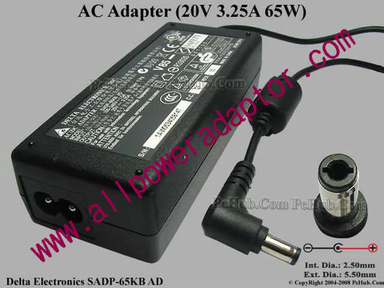 Delta Electronics SADP-65KB AC Adapter- Laptop 20V 3.25A, 5.5/2.5mm, 2-Prong
