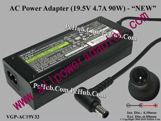 Sony Vaio Parts AC Adapter 19.5V 4.7A, 6.0/4.3mm With Pin, 2-Prong