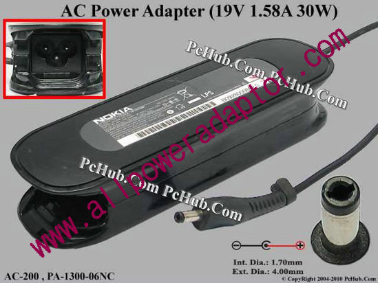 Nokia Booklet 3G AC Adapter 19V 1.58A, Barrel 4.0/1.7mm, 3-Prong, New