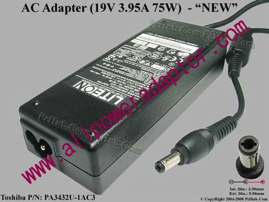 Toshiba AC Adapter - NEW Original 19V 3.95A, 5.5/2.5mm, 3-Prong, New