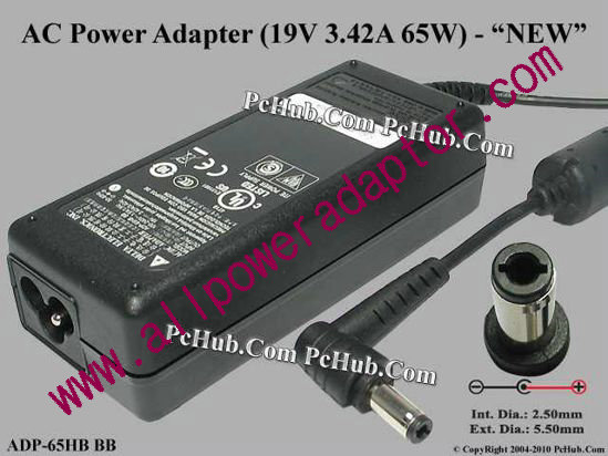 Delta Electronics ADP-65HB BB AC Adapter - NEW Original 19V 3.42A, 5.5/2.5mm, 3-Prong, New