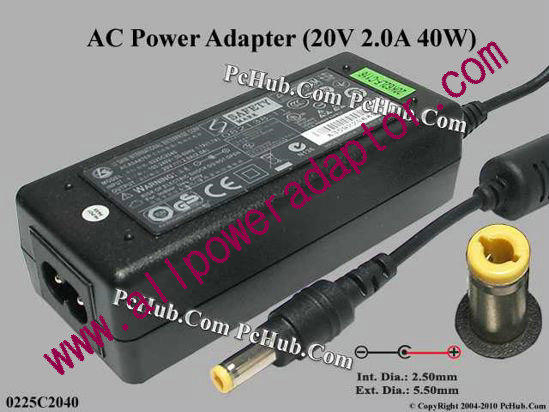 Li Shin 0225C2040 AC Adapter - NEW Original 20V 2A, 5.5/2.5mm 12MM, 2-Prong, New