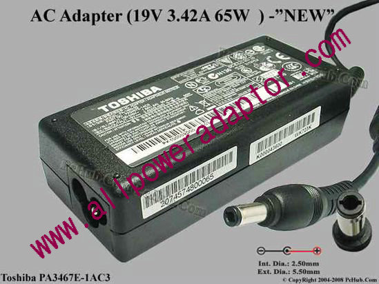 Toshiba AC Adapter - NEW Original 19V 3.42A, 5.5/2.5mm, 3-Prong, New