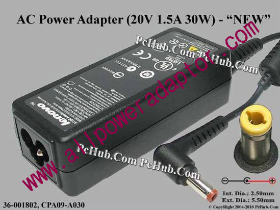 Lenovo AC Adapter - NEW Original 36-001802, 20V 1.5A, TIP M, 3-prong , NEW