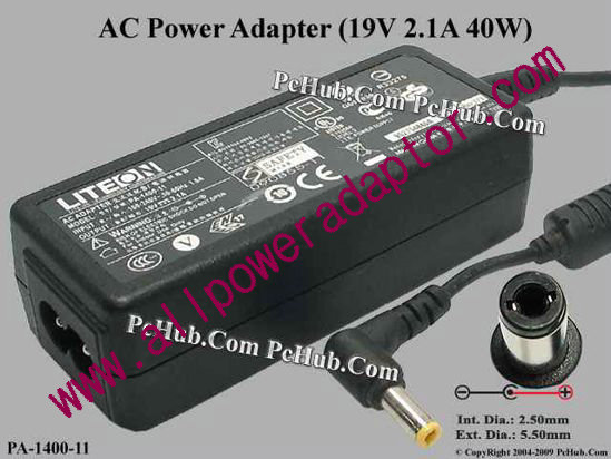 LITE-ON PA-1400-11 AC Adapter 19V 2.1A, 5.5/2.5mm, 2-Prong