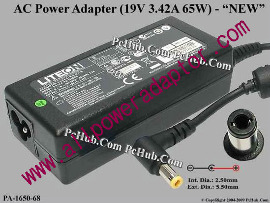 LITE-ON PA-1650-68 AC Adapter - NEW Original 19V 3.42A, 5.5/2.5mm, 3-Prong, New