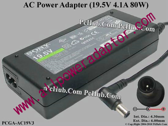 Sony Vaio Parts AC Adapter PCGA-AC19V3, 19.5V 4.1A, Tip-E, 2-prong