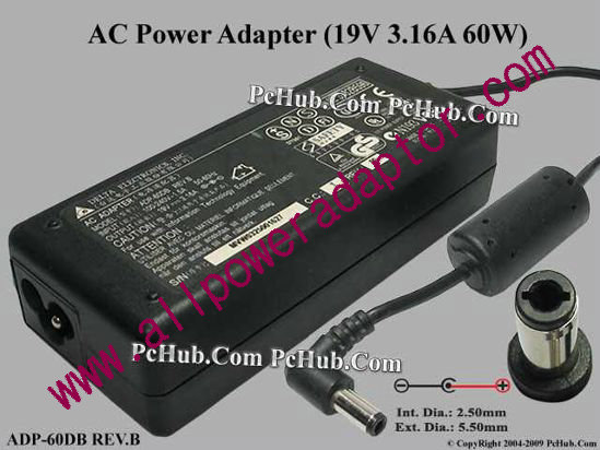 Delta Electronics ADP-60DB REV.B AC Adapter- Laptop 19V 3.16A, 5.5/2.5mm, 3-Prong