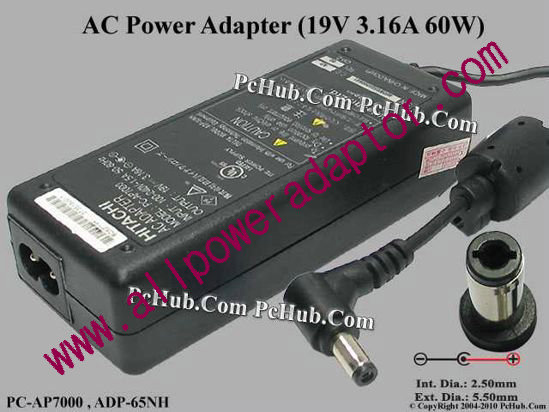 Hitachi AC Adapter- Laptop 19V 3.16A, 5.5/2.5mm, 2-Prong