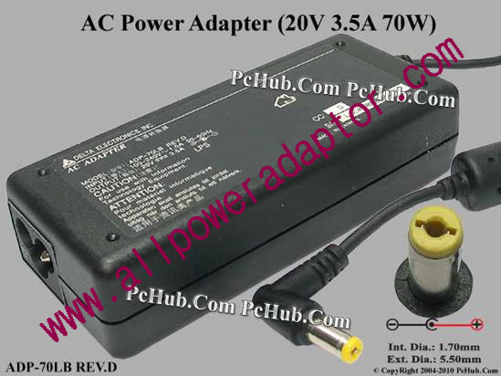 Delta Electronics ADP-70LB REV.D AC Adapter- Laptop 20V 3.5A, 5.5/1.7mm, 3-Prong
