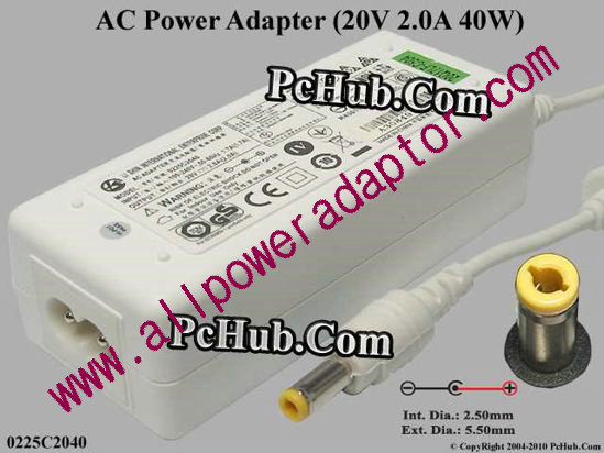 Li Shin 0225C2040 AC Adapter- Laptop 20V 2A, 5.5/2.5mm 12MM, 2-Prong, White
