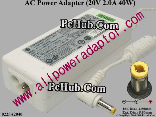 Li Shin 0225A2040 AC Adapter- Laptop 20V 2A, 5.5/2.5mm 12mm, 3-Prong, WHITE, nEW