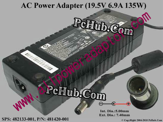 HP AC Adapter- Laptop 19.5V 6.9A, 7.4/5.0mm With Pin, 3-Prong