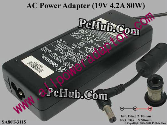 Gateway Common Item (Gateway) AC Adapter- Laptop SA80T-3115, 19V 4.2A, Tip-B, 3-prong