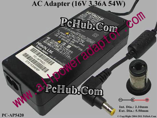 Hitachi AC Adapter- Laptop PC-AP5420, 16V 3.36A, Tip-B, 2-prong