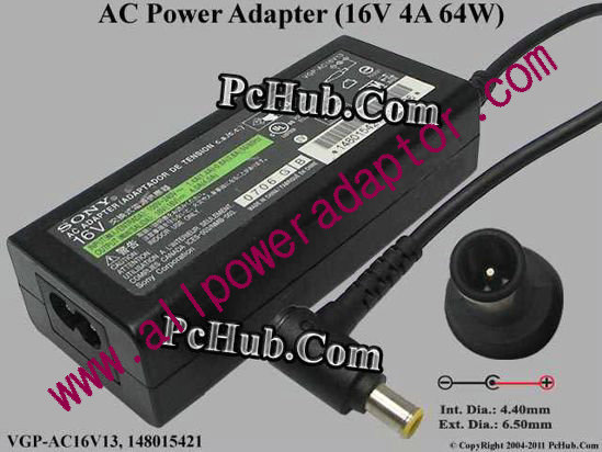 Sony Vaio Parts AC Adapter VGP-AC16V13 , 16V 4 A , Tip-E, 2-prong