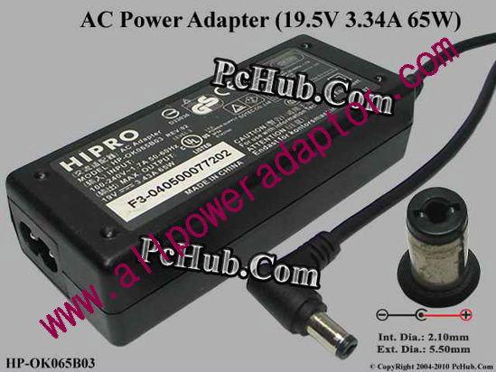 HIPRO HP-OK065B03 AC Adapter- Laptop 19.5V 3.34A, 5.5/2.1mm, 2-Prong