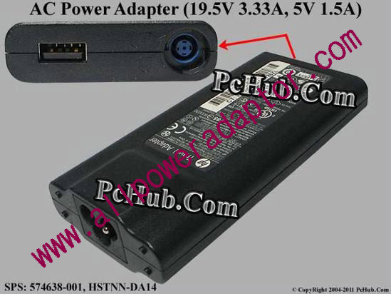 HP AC Adapter- Laptop 19.5V 3.33A, With Pin, USB Port, 3-Prong