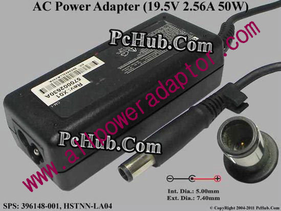 HP AC Adapter- Laptop 396148-001, 19.5V 2.56A, Pin, 3-prong