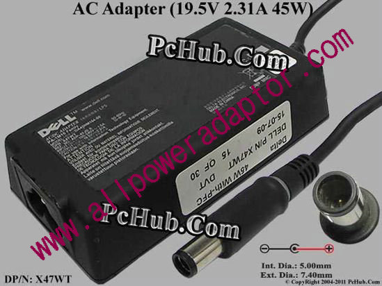 Dell Common Item (Dell) AC Adapter- Laptop X47WT, 19.5V 2.31A, PIN, 3-prong