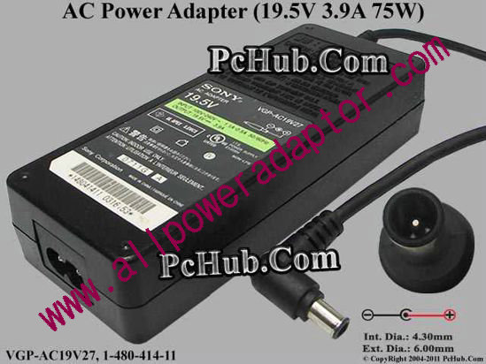 Sony Vaio Parts AC Adapter VGP-AC19V27, 19.5V 3.9A, Tip-E, 2-prong