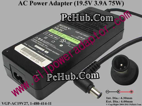 Sony Vaio Parts AC Adapter VGP-AC19V27, 19.5V 3.9A, Tip-E, 2-prong - Click Image to Close