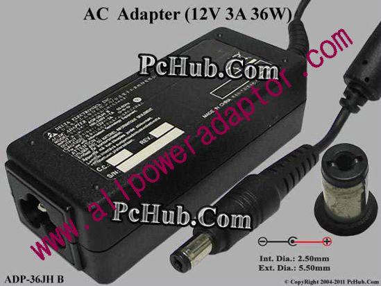 Delta Electronics ADP-36JH B AC Adapter- Laptop 12V 3A 36W, Barrel 5.5/2.5mm, 3-Prong, New