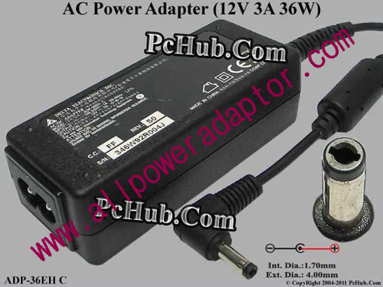 Delta Electronics ADP-36EH C AC Adapter- Laptop 12V 3A, 4.0/1.7mm, 3-Prong
