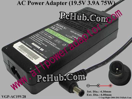 Sony Vaio Parts AC Adapter VGP-AC19V28, 19.5V 3.9A, Tip-E, 3-prong