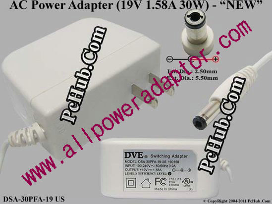 DVE DSA-30PFA-19 AC Adapter 13V-19V 19V 1.58A, 5.5/2.5mm 12mm, US 2-Pin, White, New