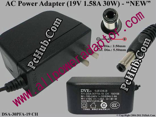 DVE DSA-30PFA-19 AC Adapter 13V-19V 19V 1.58A, 5.5/2.5mm 12mm, US 2-Pin, New