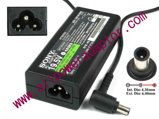 Sony Vaio Parts AC Adapter 19.5V 3.3A, 6.0/4.3mm With Pin, 3-Prong, New