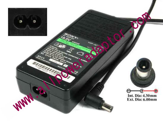 Sony Vaio Parts AC Adapter 19.5V 4.7A, 6.0/4.3mm With Pin, 2-Prong, New