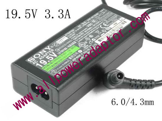 Sony Vaio SVE141D11L AC Adapter - NEW Original 19.5V 3.3A, 6.0/4.3mm With Pin, 2-Prong, New