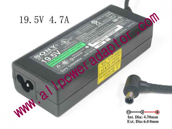 Sony Vaio VGN-FS Series AC Adapter - NEW Original 19.5V 4.7A, 6.0/4.3mm With Pin, 3-Prong, New
