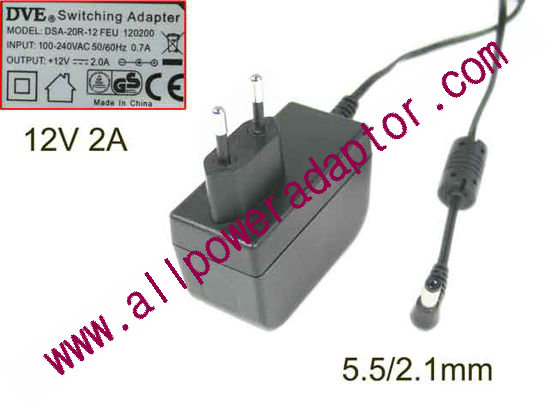 DVE DSA-20R-12 AC Adapter - NEW Original 12V 2A, 5.5/2.1mm, EU 2-Pin - Click Image to Close